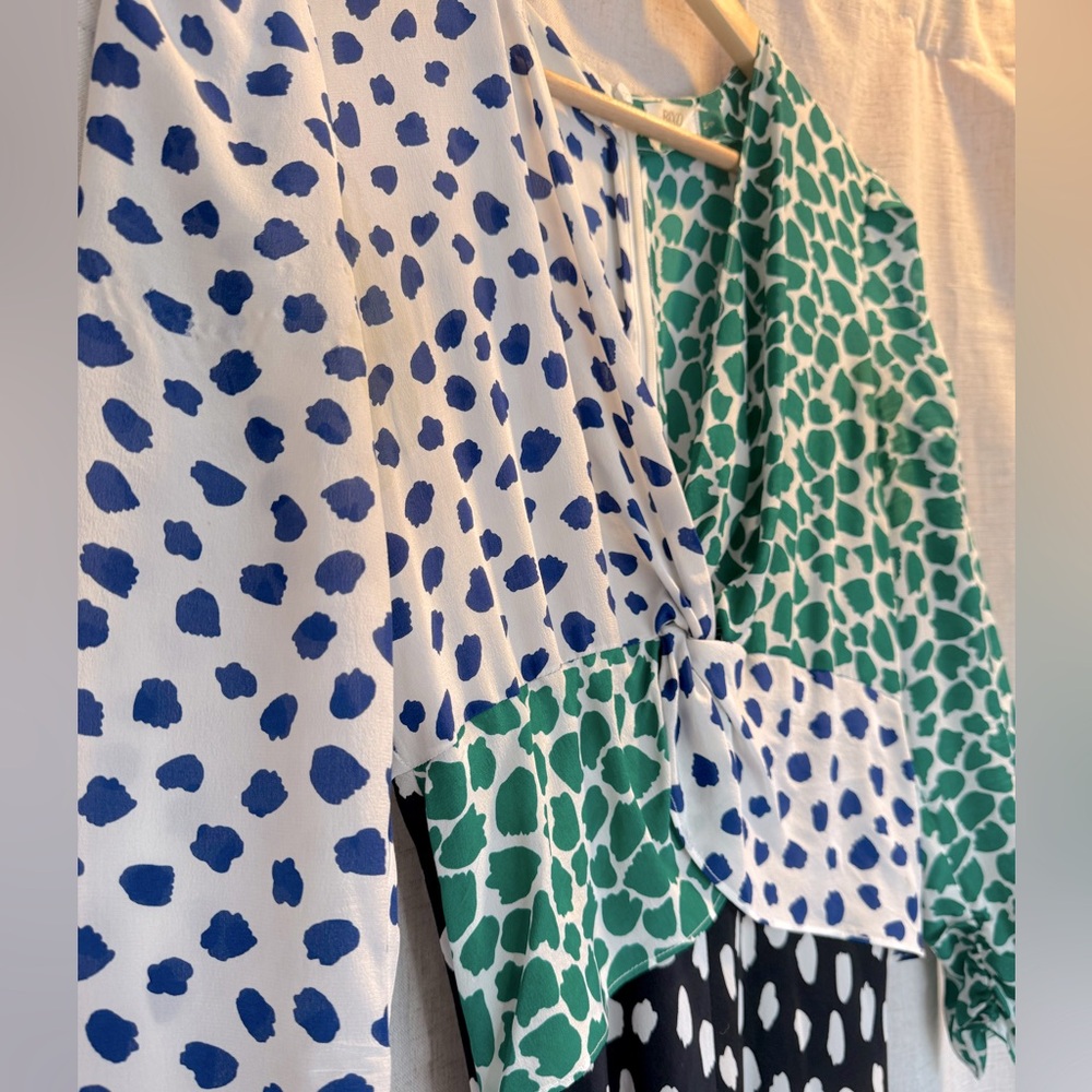 RIXO Green, White, Black, and Blue Polka Dot Dress